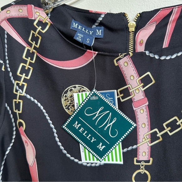 NWT Melly M 100% Silk Equestrian Print Ruffle Sleeve + Hem Mini Dress Black Pink - Picture 6 of 8